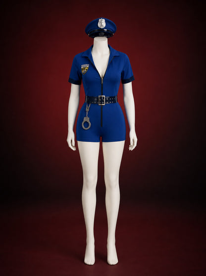 Women's Blue Police Bodysuit Costume with Badge Details and Belt, Halloween main product view