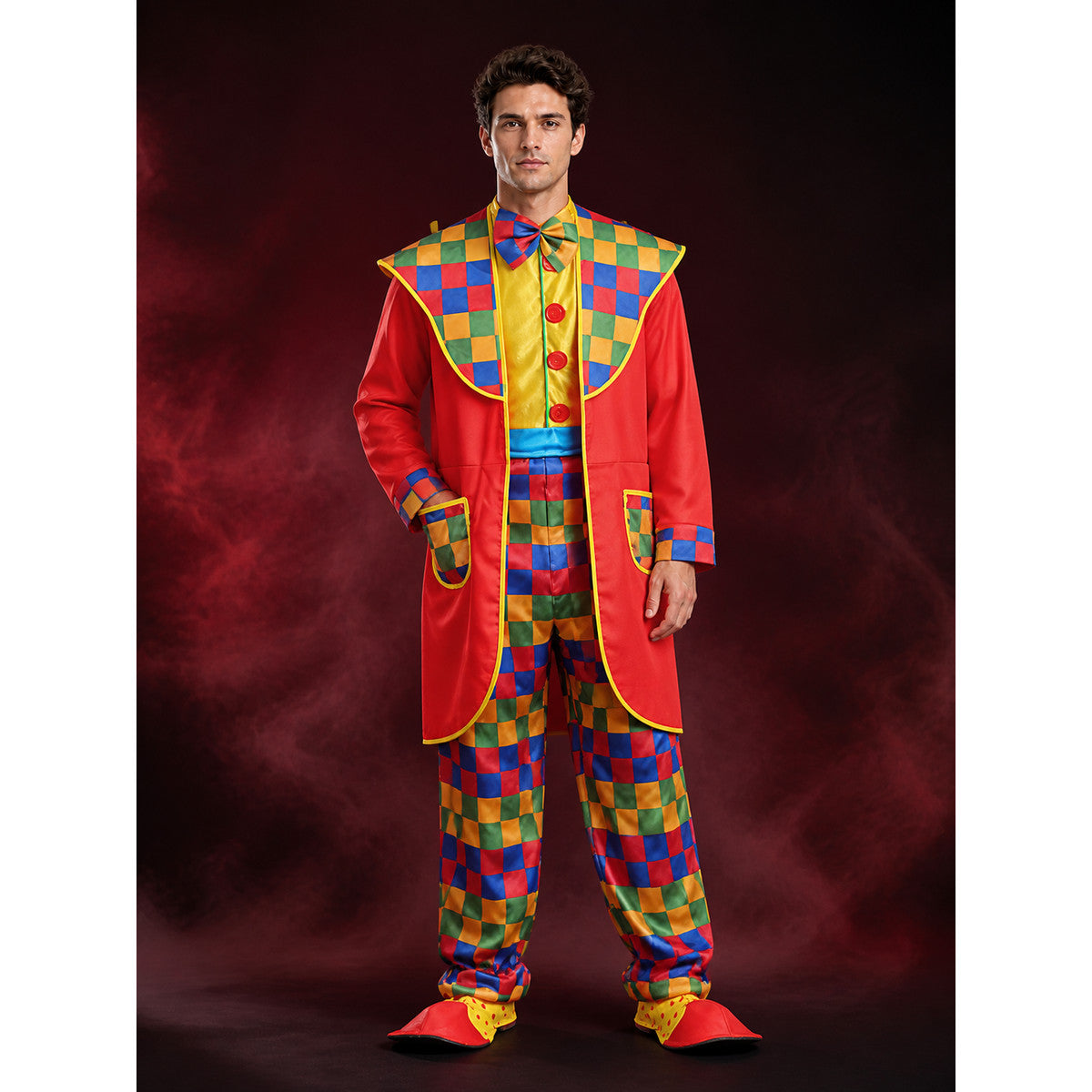 Unisex Jester Costume Set, Colorful Checkered Print with Bow Tie, Halloween main product view