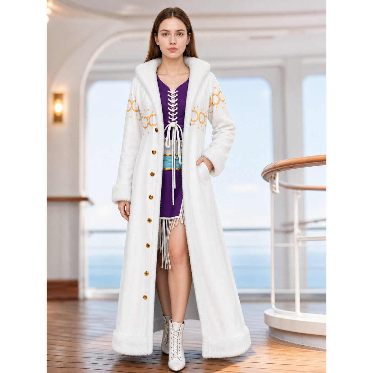 White Long Coat with Wide Collar lifestyle