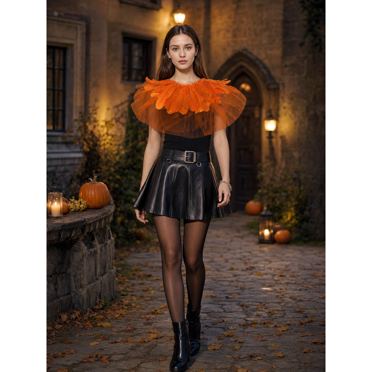 Orange Feather Mesh Shawl, Short Sheer Shoulder Cover With Radiating Feather Trim Around Neckline, Single Piece Accessory