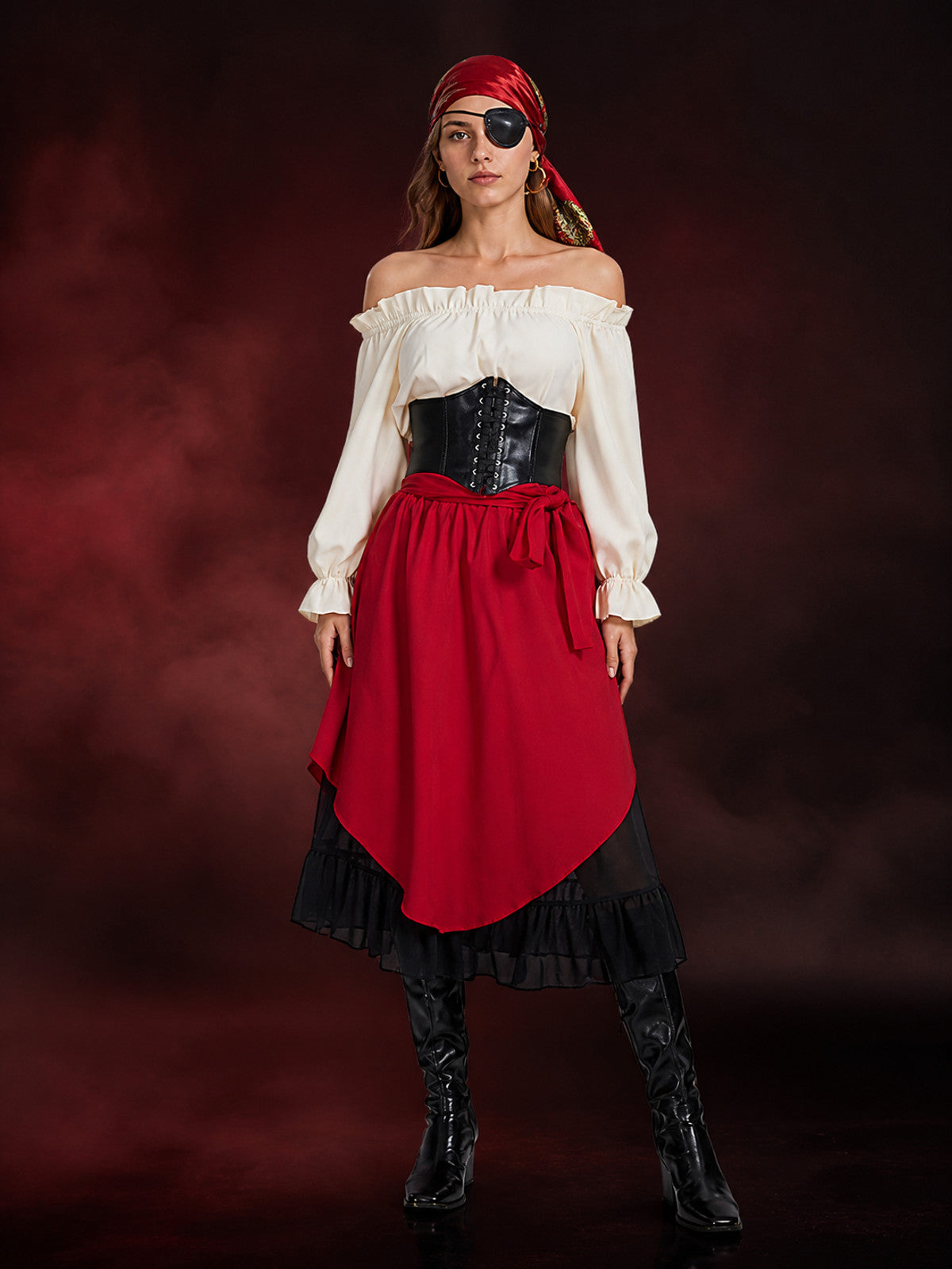 Women's Pirate Halloween Costume Set With Off-Shoulder Top And Asymmetric Red