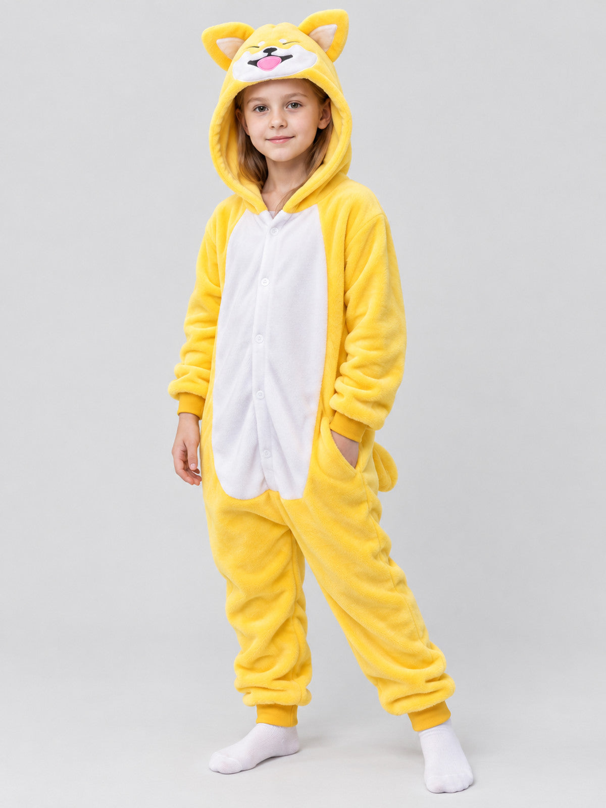 Yellow Flannel Pajama Jumpsuit with Hood and Ears