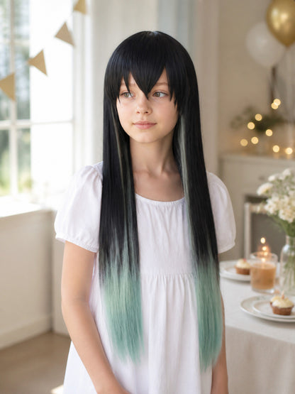 Long Black and Turquoise Cosplay Wig with Bangs lifestyle view