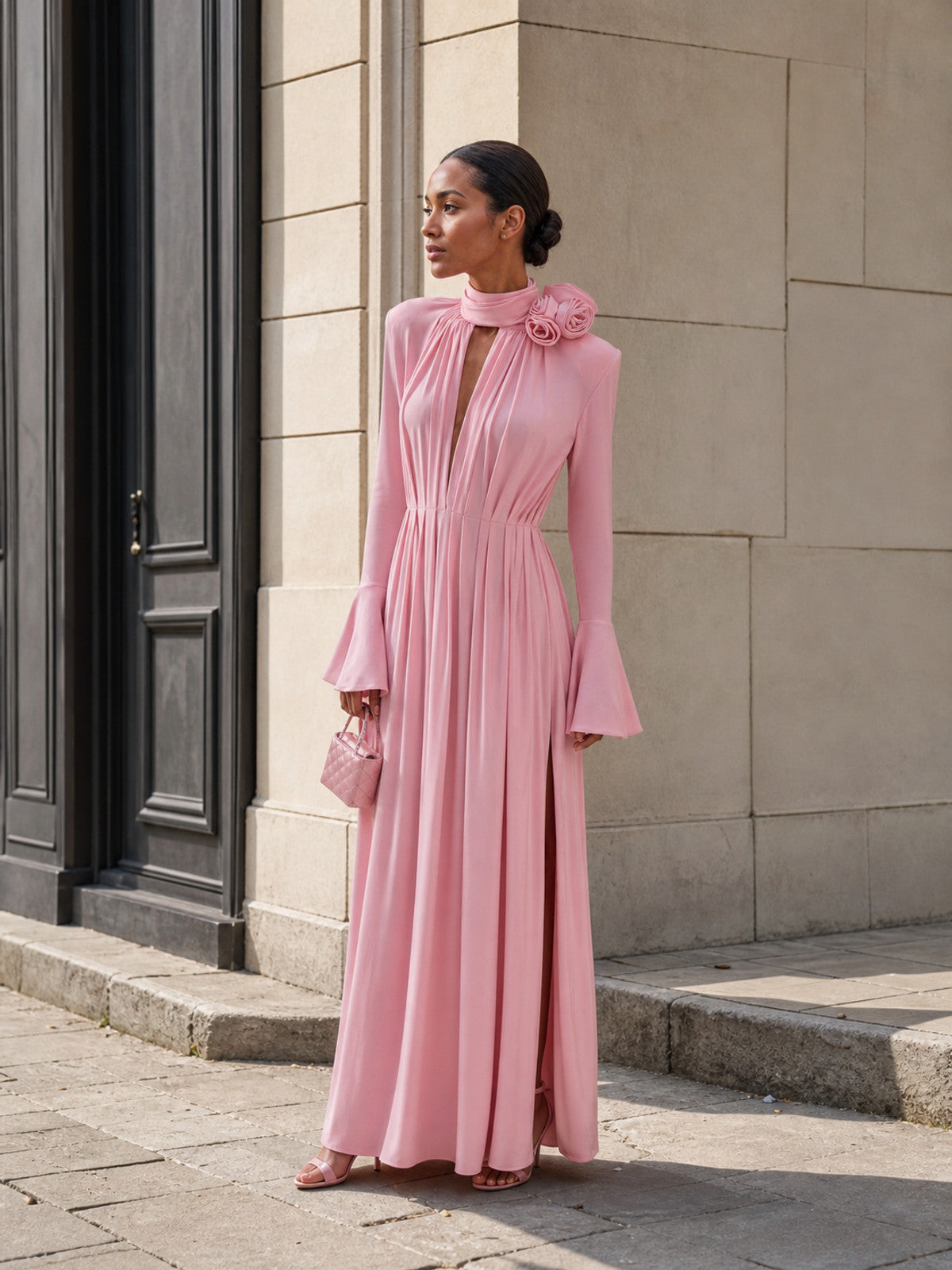 Women's Long Dress with Draping and Flowers Costume Dresses detail