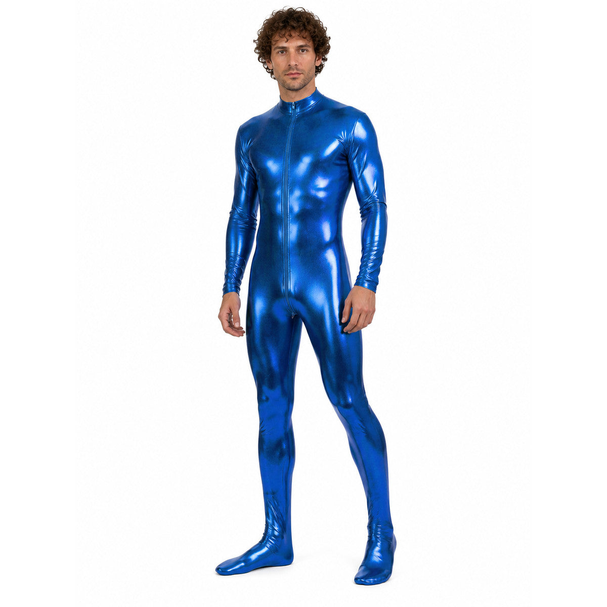 Blue glossy footed jumpsuit with a zipper product detail