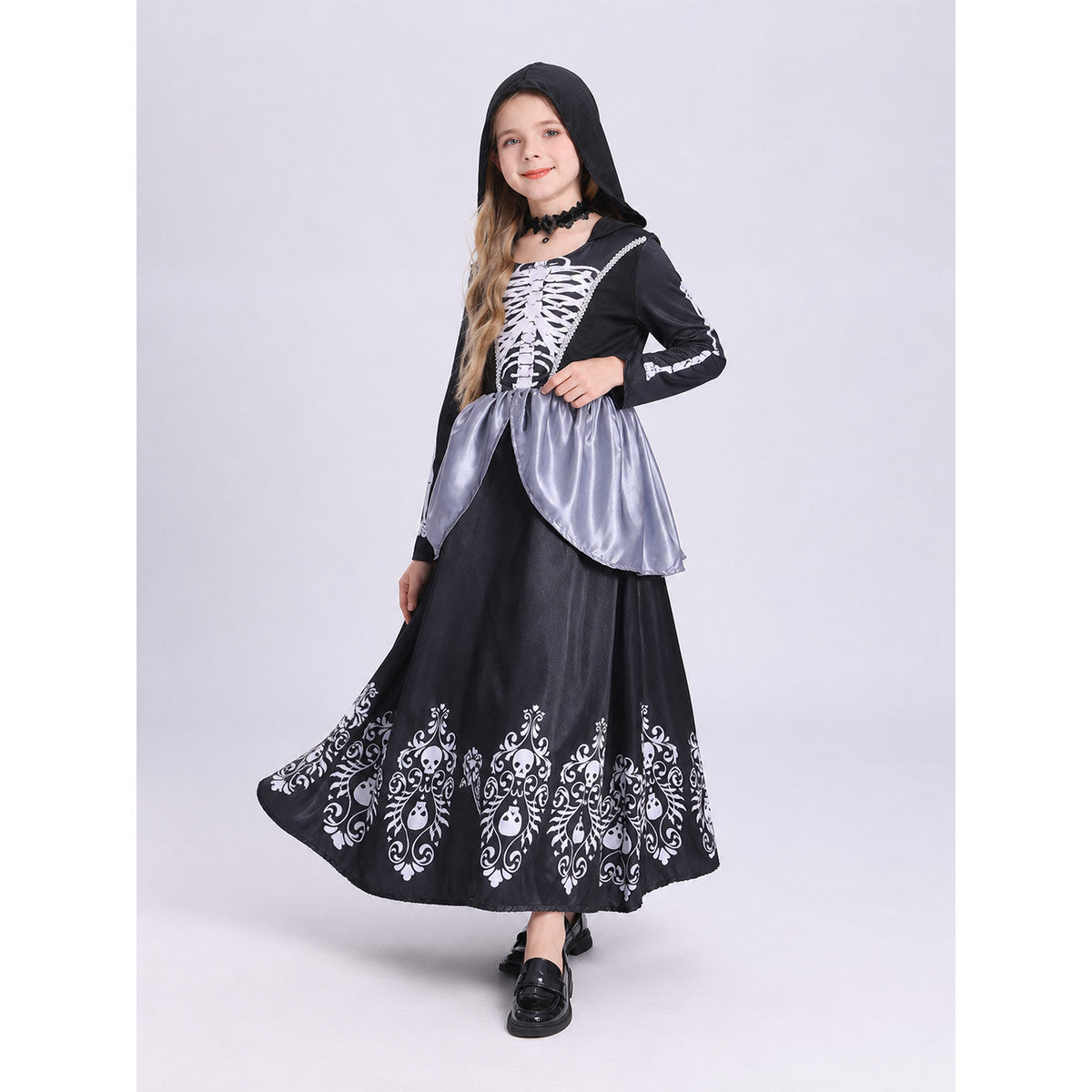 Hooded Cosplay Dress with Skeleton Print