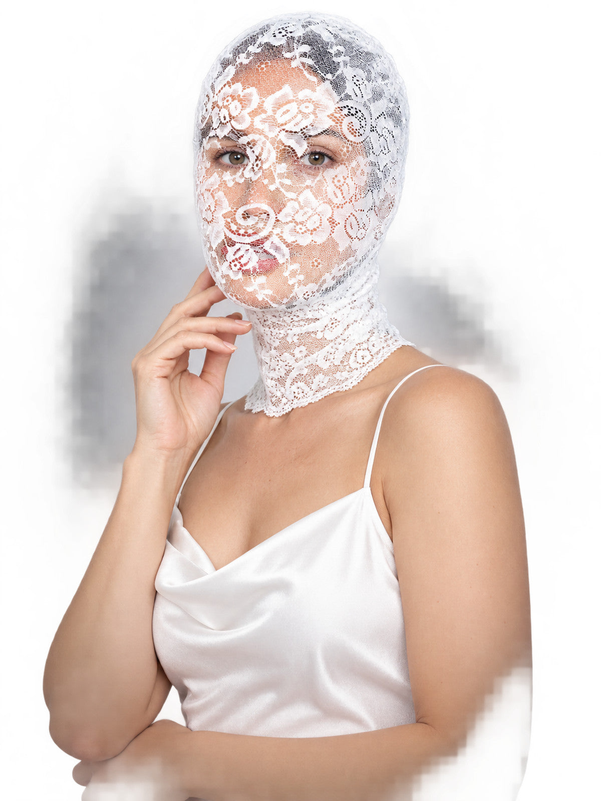 White Lace Balaclava Mask with Floral Pattern