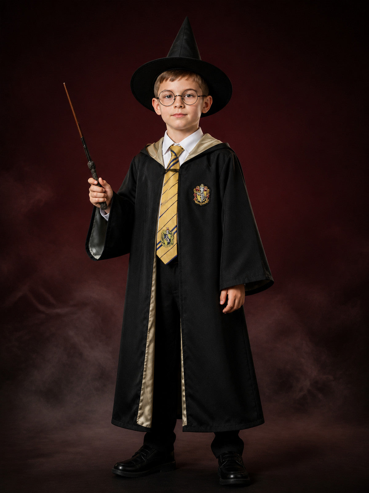 Wizard Costume Set With Hooded Robe, Pointed Hat, Wand, Tie And Round Glasses main product view