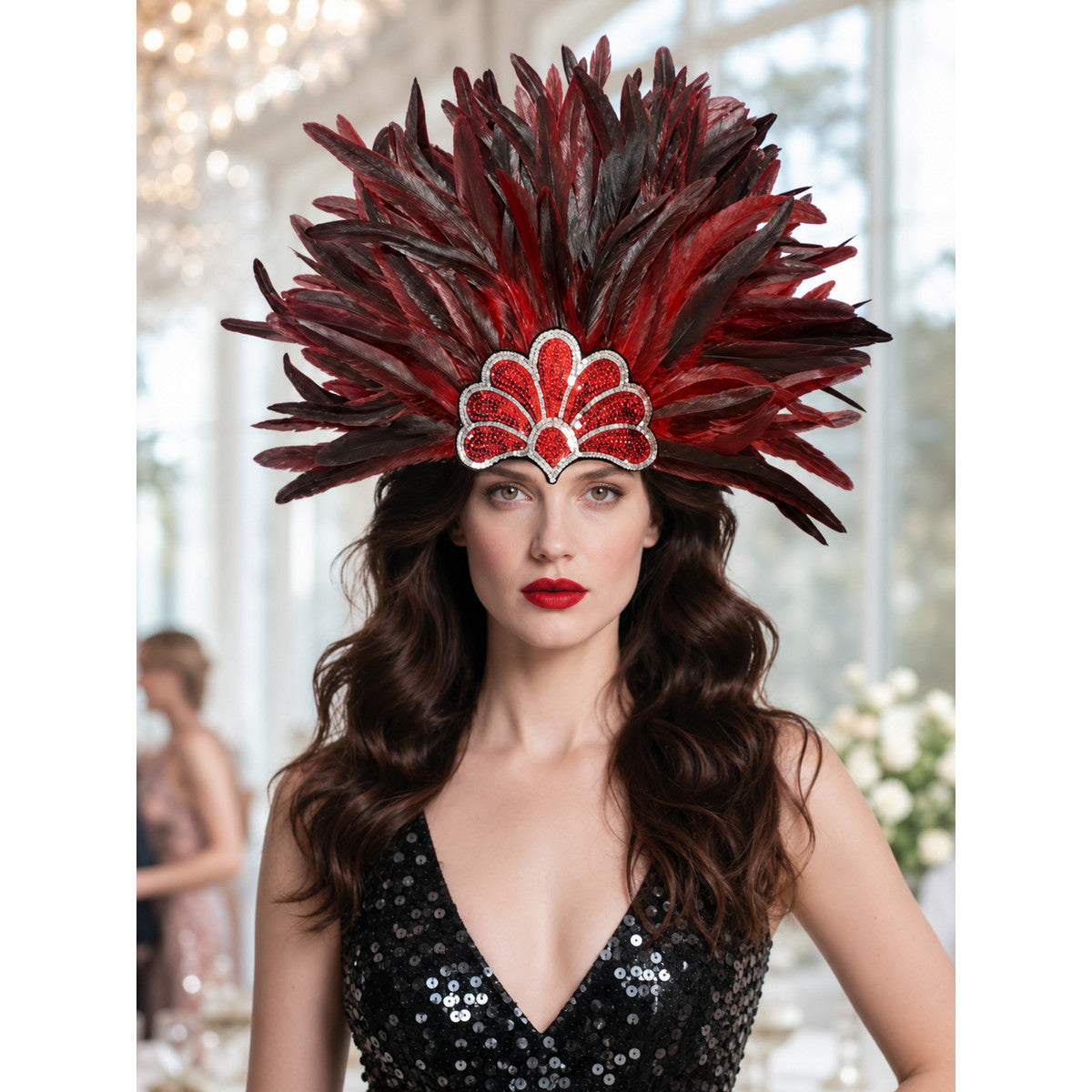 Carnival headpiece with red feathers lifestyle