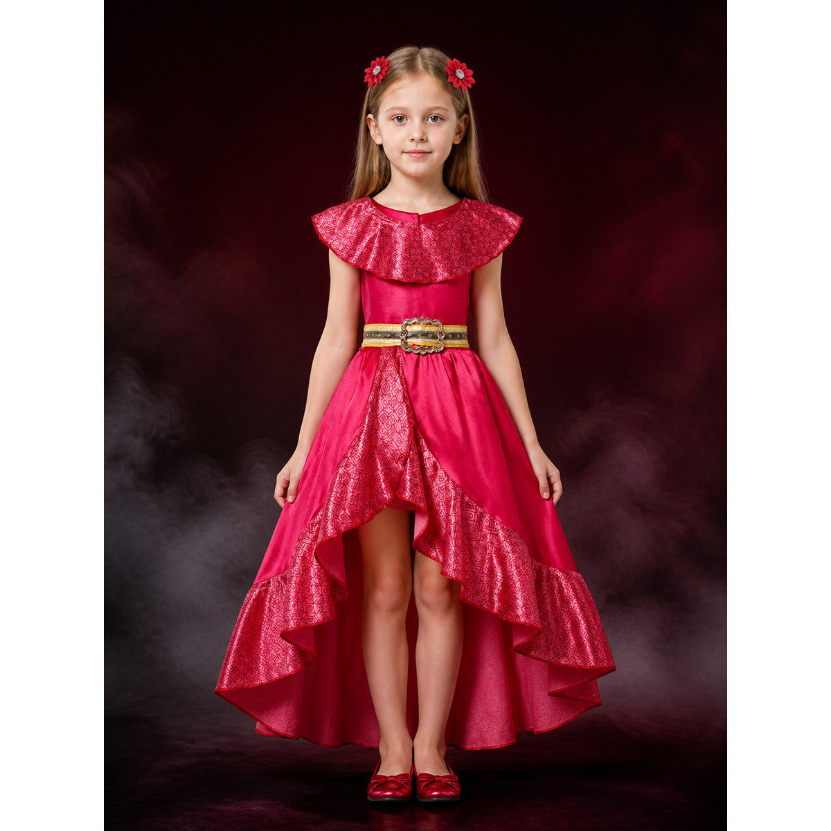 Kids Princess Elena Costume Dress Set with Ruffle Collar and Flower Hair Clips lifestyle