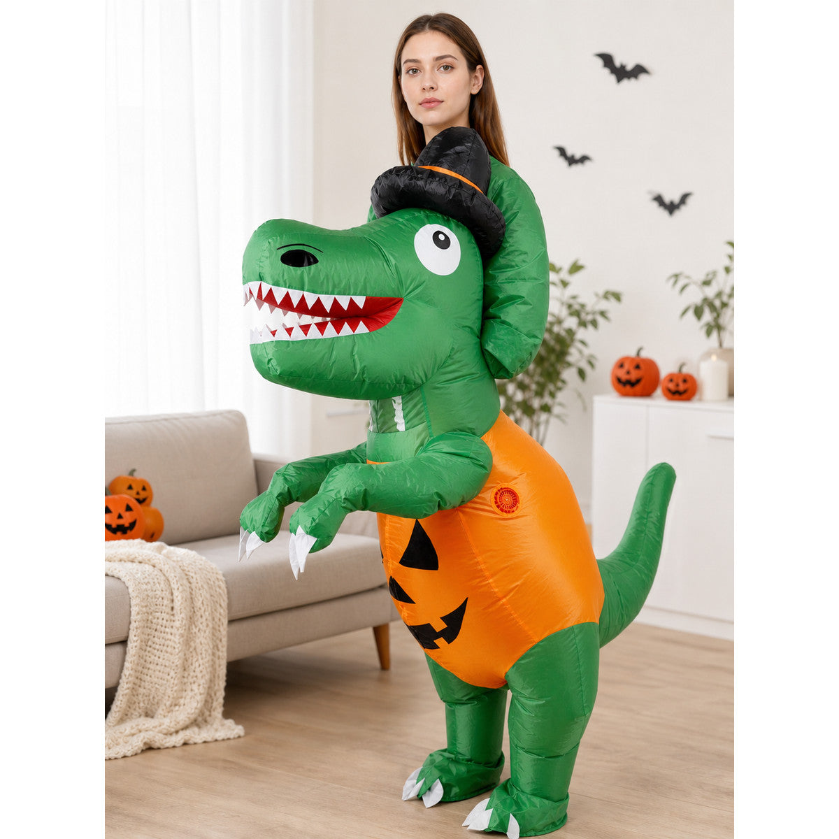 Inflatable dinosaur costume with pumpkin insert lifestyle view