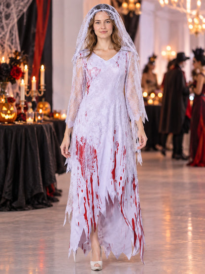 Ghost Costume with Veil and Blood Imitation for Halloween