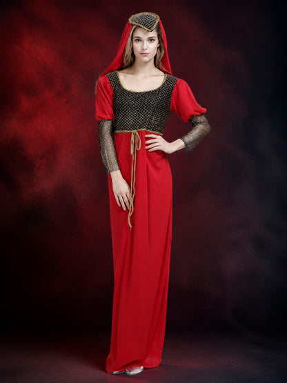 Red Princess Costume Dress with Headpiece, Mesh and Gold Trim for Halloween