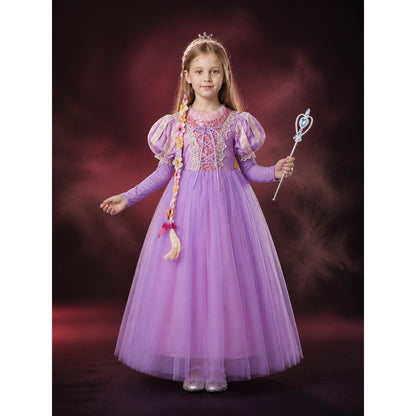 Girls Princess Costume Dress, Puffy Sleeve Tulle Ball Gown with Gold Lace Trim main product view