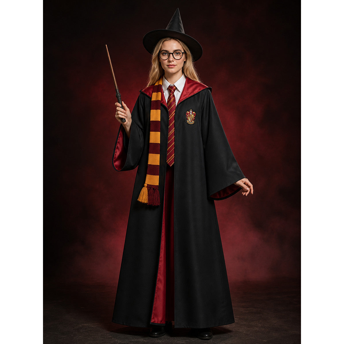 Red and Black Wizard Cosplay Robe Costume Set with Hat, Glasses, Wand, Tie main product view