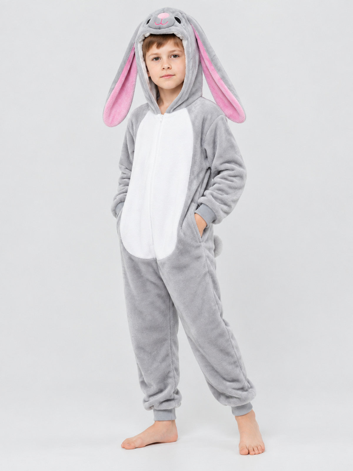 Gray and white hooded pajama jumpsuit with rabbit ears