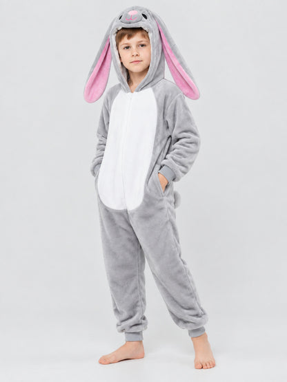 Gray and white hooded pajama jumpsuit with rabbit ears