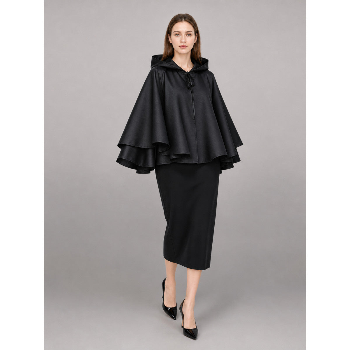 Long Black Hooded Carnival Cape lifestyle