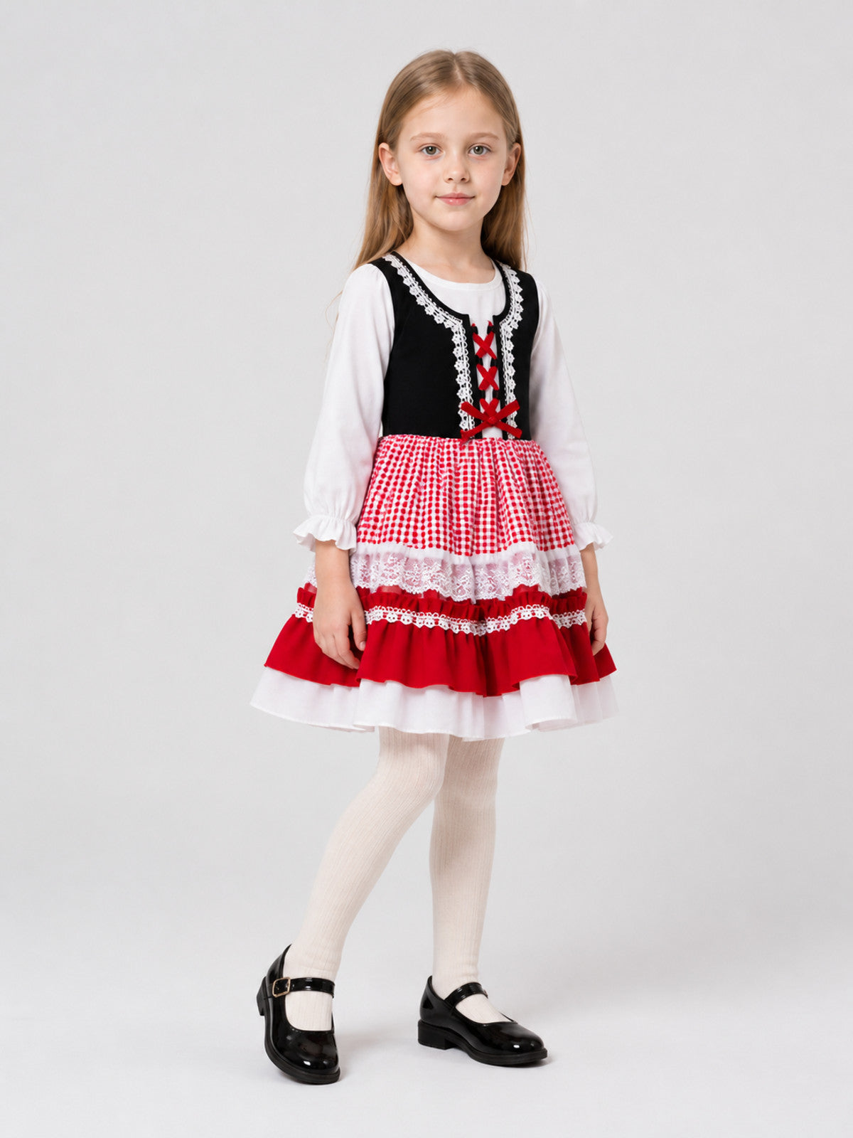 Dressy New Year's Dress with a Plaid Skirt and Lace Costume Dresses detail