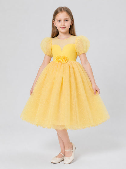 Yellow Princess Dress with Puff Sleeves and Flowers Costume Dresses detail