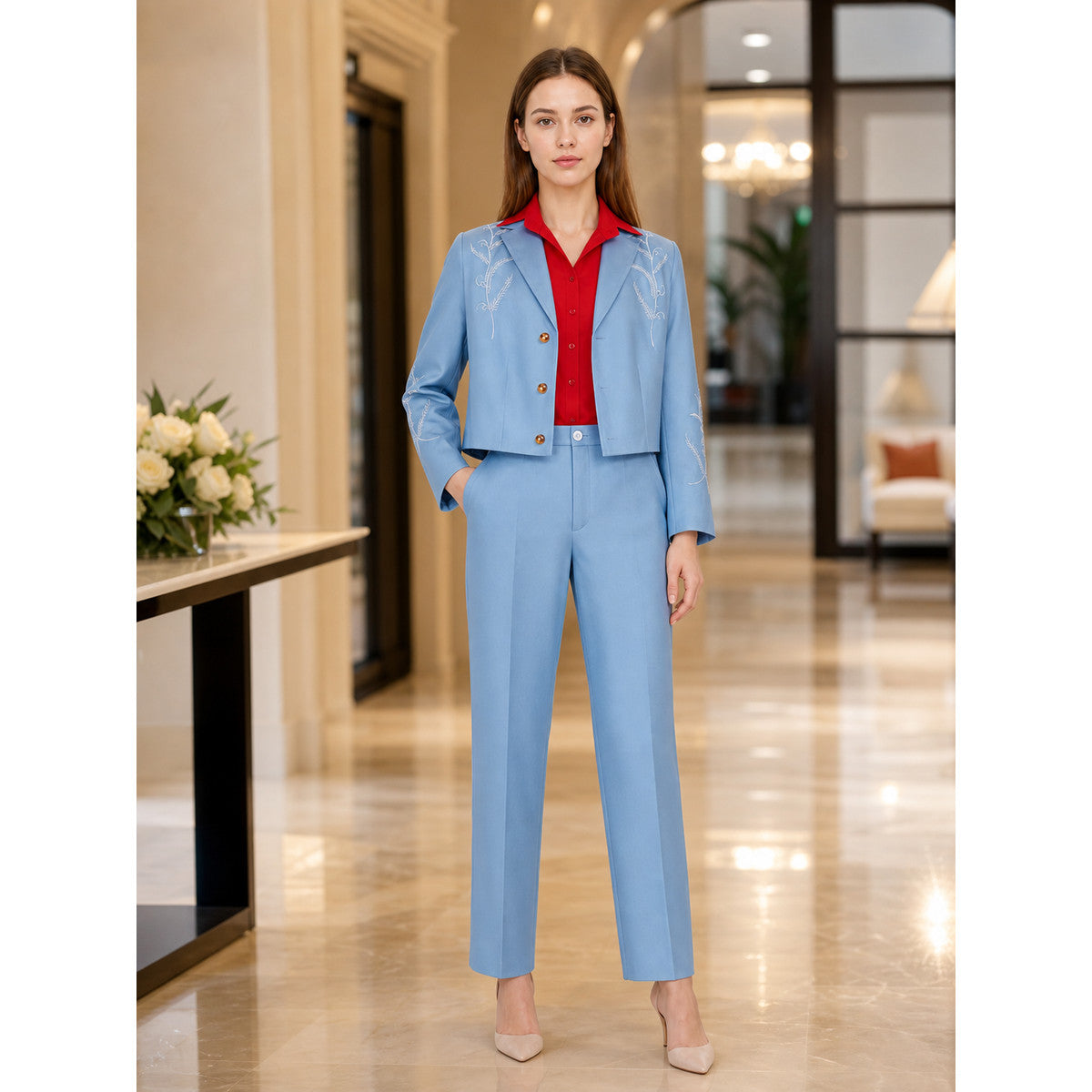 Bruno Three-Piece Suit: Light Blue Blazer, Shirt, and Pants