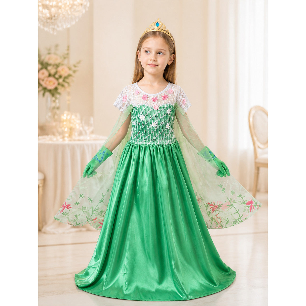 Carnival Costume with Green Dress, Crown, and Gloves