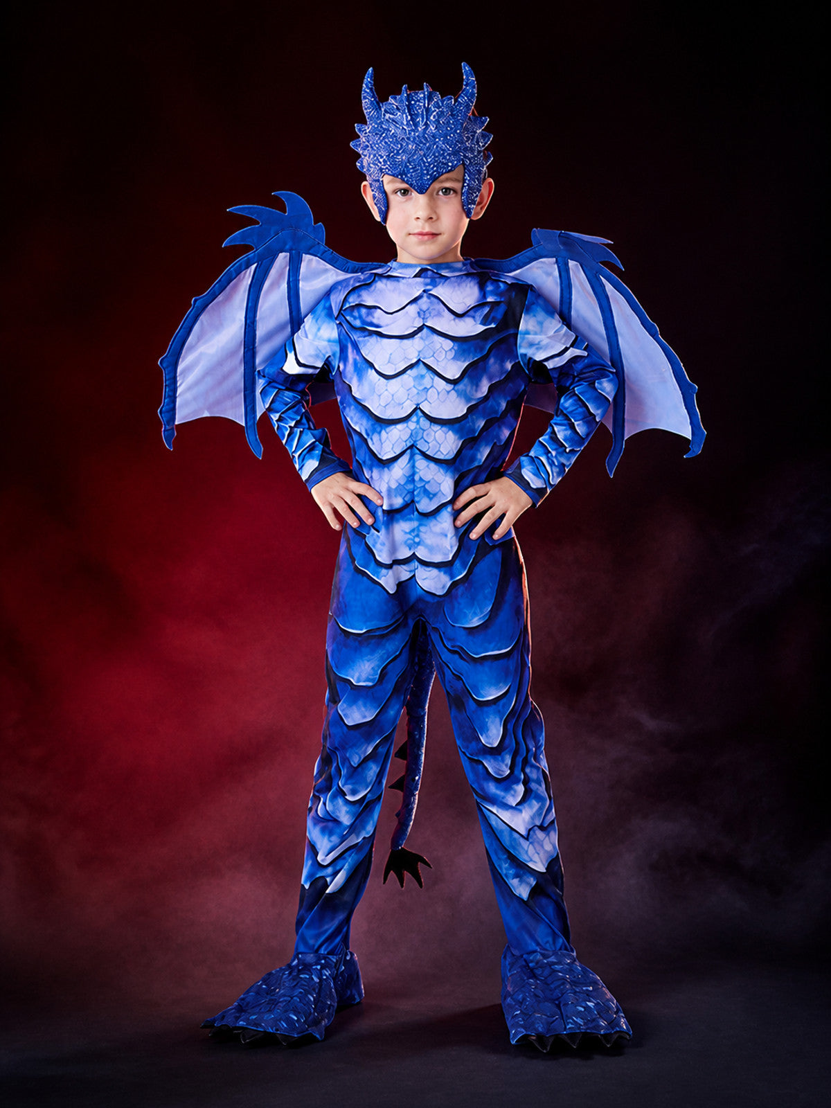 Kids' Blue Ice Dragon Knight Dinosaur Jumpsuit Costume with Wings and Character main product view