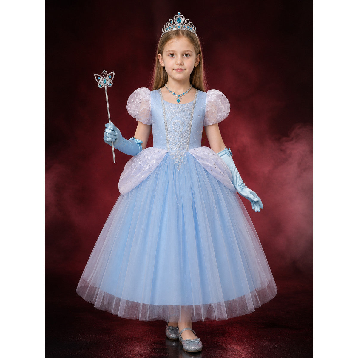 Girls Cinderella Princess Dress Costume, Layered Tulle Ball Gown with Crown Wand main product view