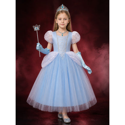 Girls Cinderella Princess Dress Costume, Layered Tulle Ball Gown with Crown Wand main product view