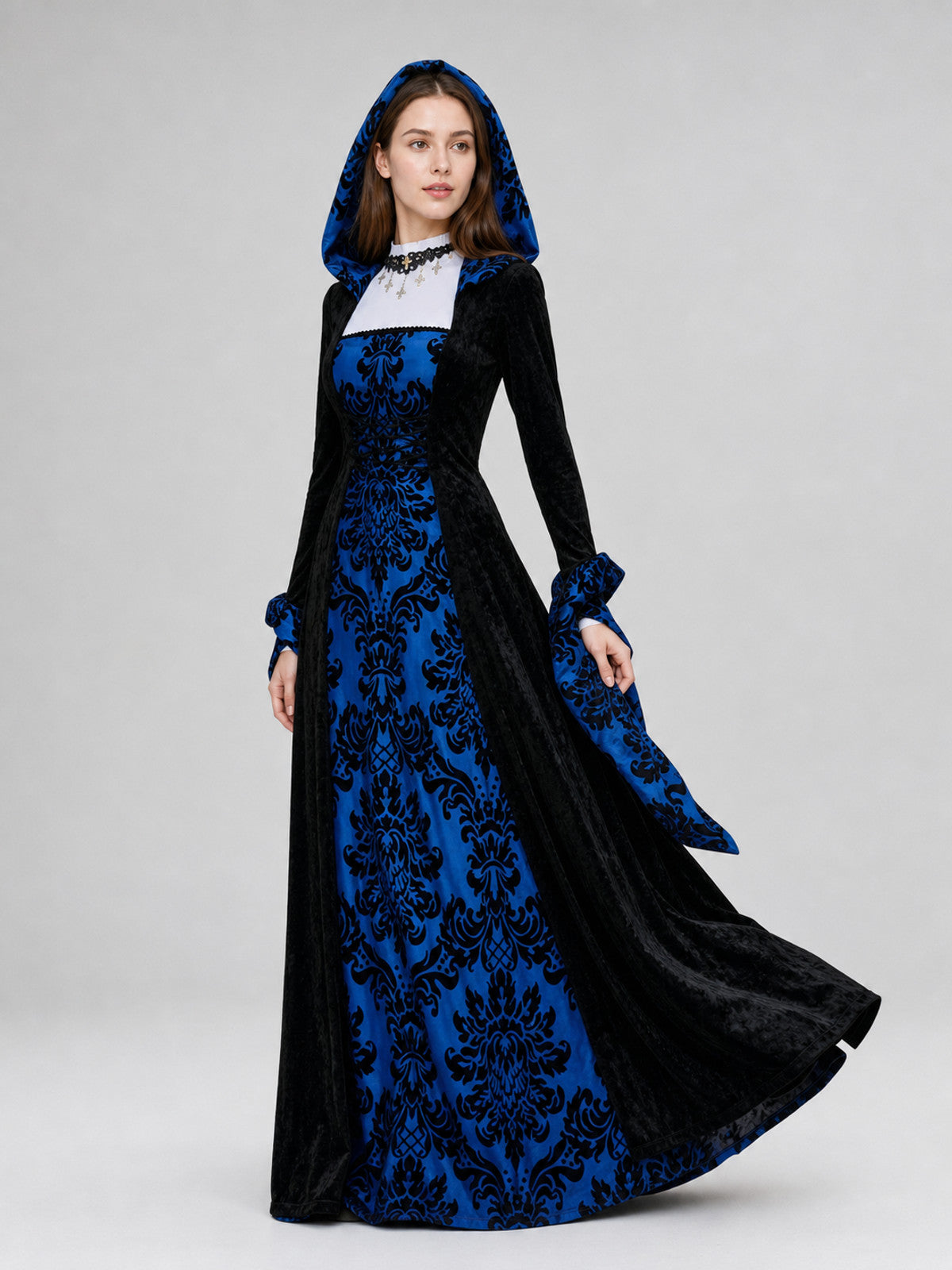 Gothic Hooded Dress with Damask Pattern