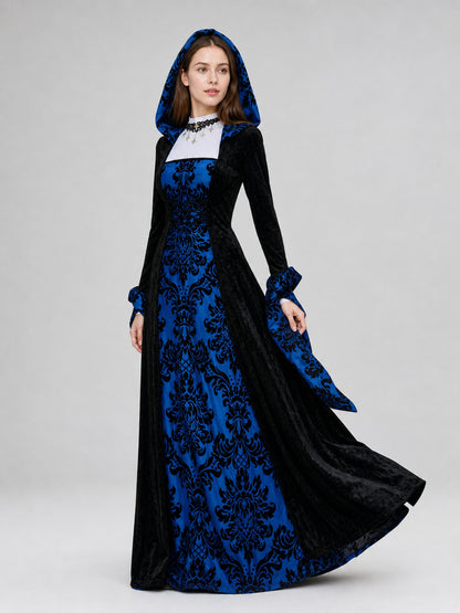 Gothic Hooded Dress with Damask Pattern