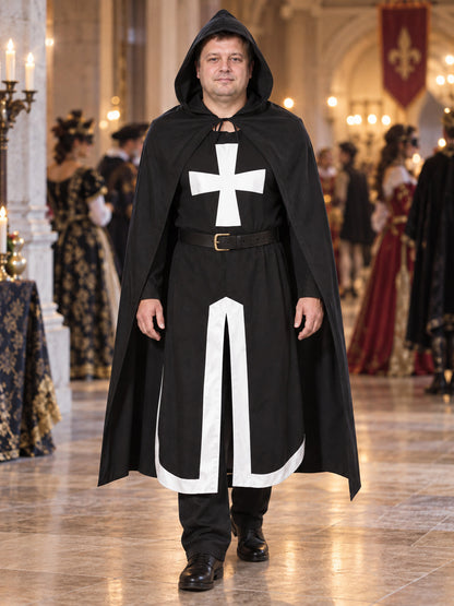 Black costume with white cross, hood, and belt