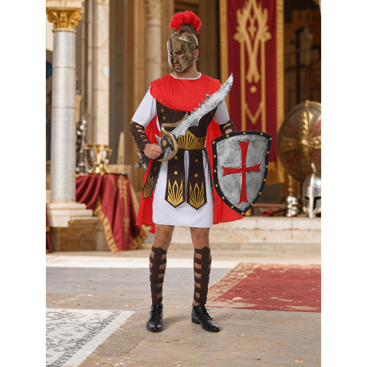 Roman warrior costume with shield and sword for cosplay lifestyle view