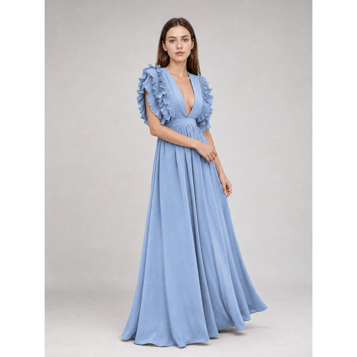 Light Blue Maxi Dress with a Deep V-Neck