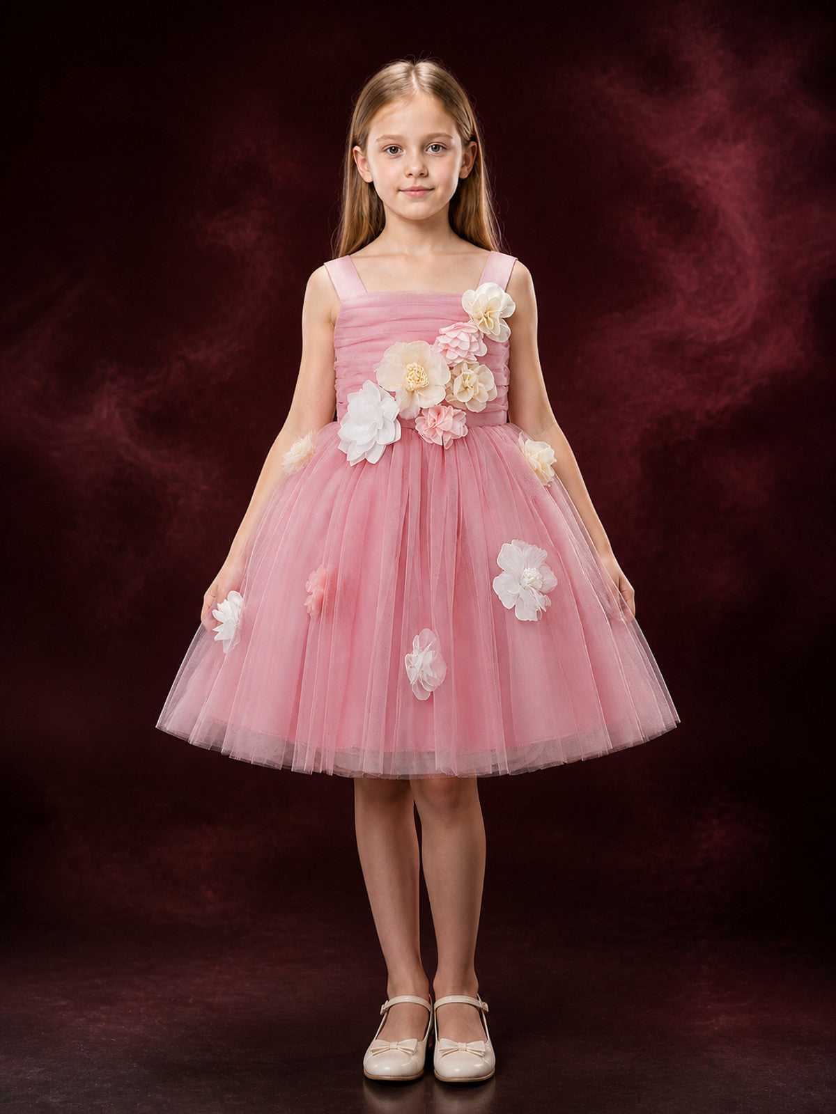 Girls' Pink Princess Party Dress, Layered Tulle Skirt With Floral Details main product view