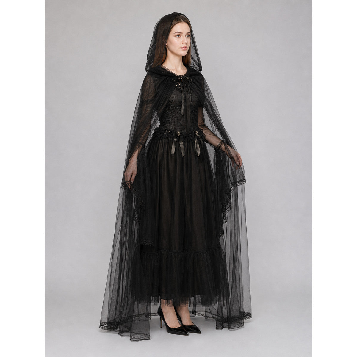Gothic Hooded Costume with Sheer Cape side view