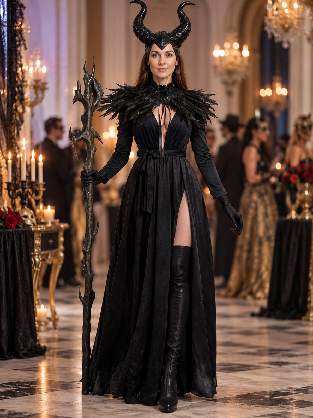 Witch costume: long black floor-length dress, feathers, horns