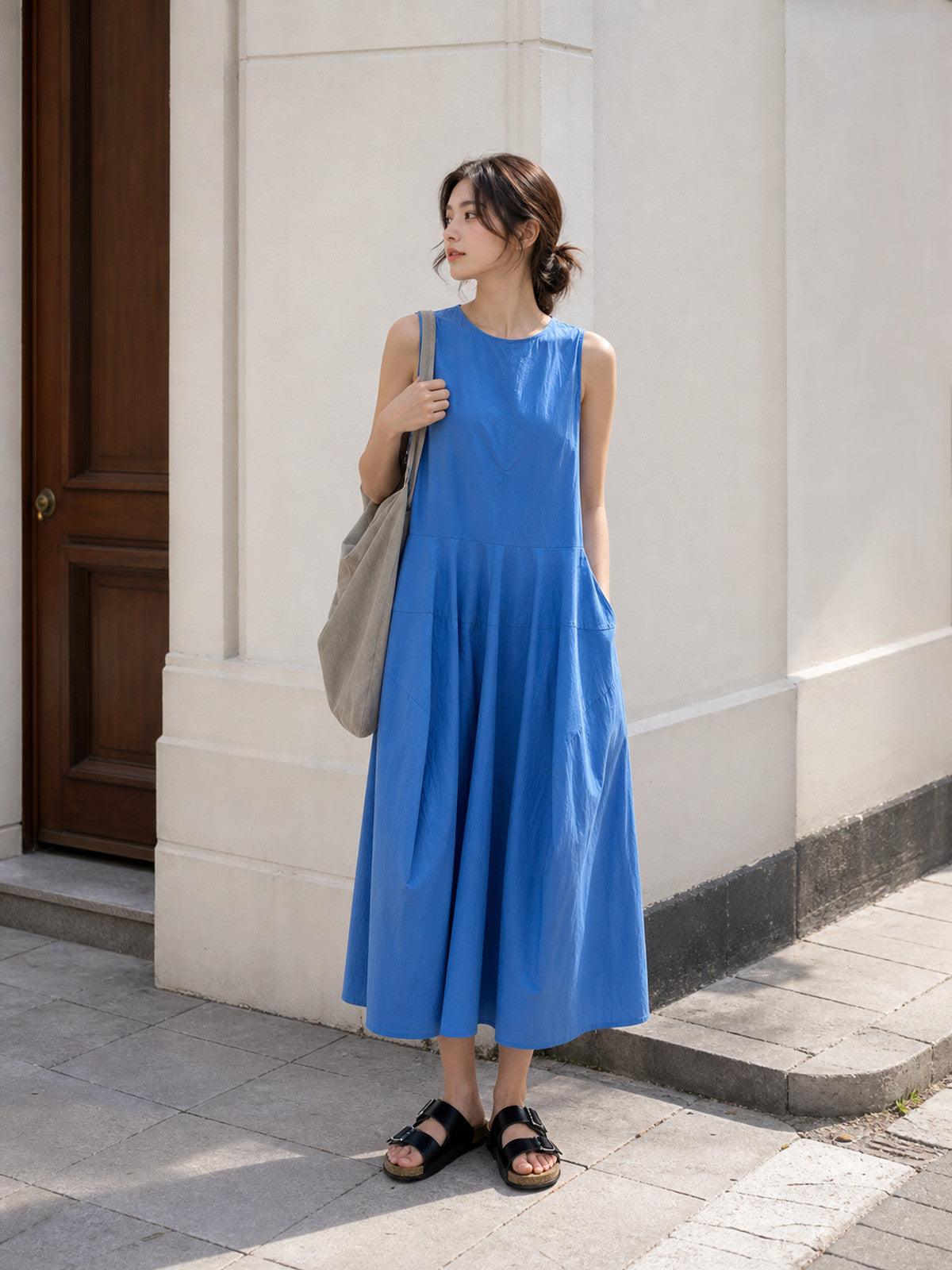 Women's Blue Sleeveless Midi Dress with Pockets