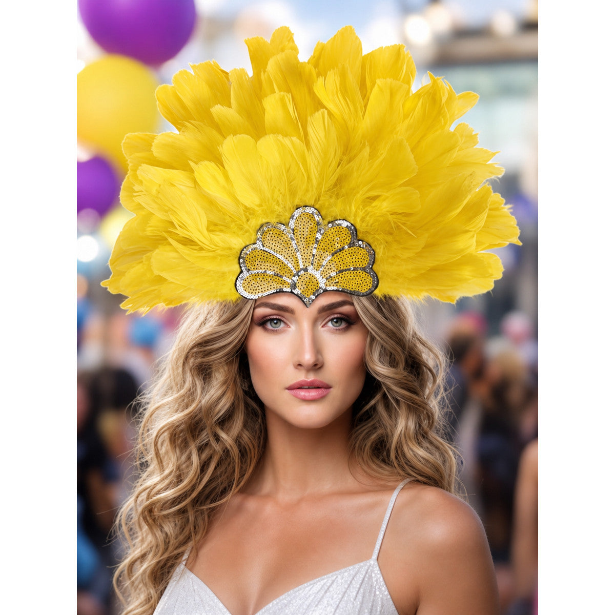 Carnival Headpiece with Yellow Feathers lifestyle