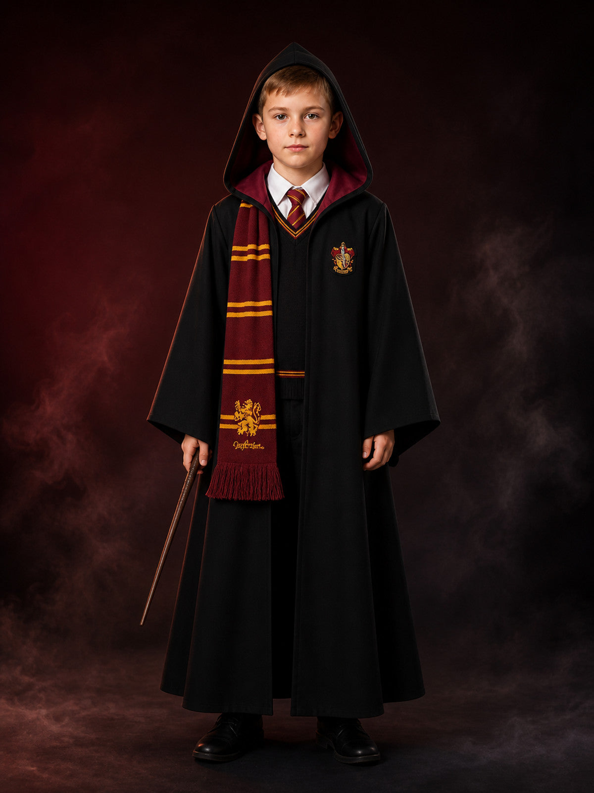 Hooded Wizard Robe Costume Set With School Crest, Tie, Scarf, Vest And Wand