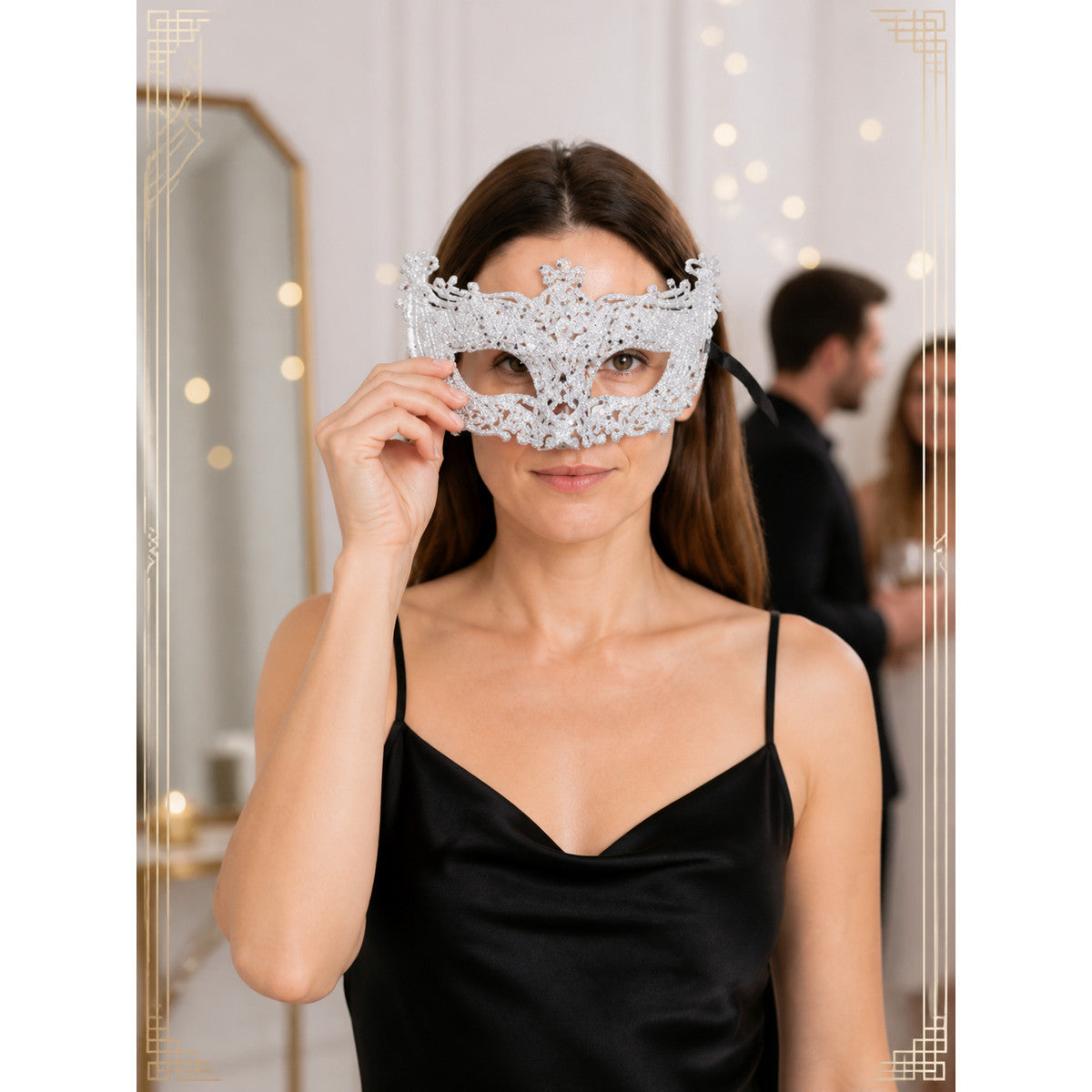 Openwork Silver Carnival Mask with Black Ties lifestyle view