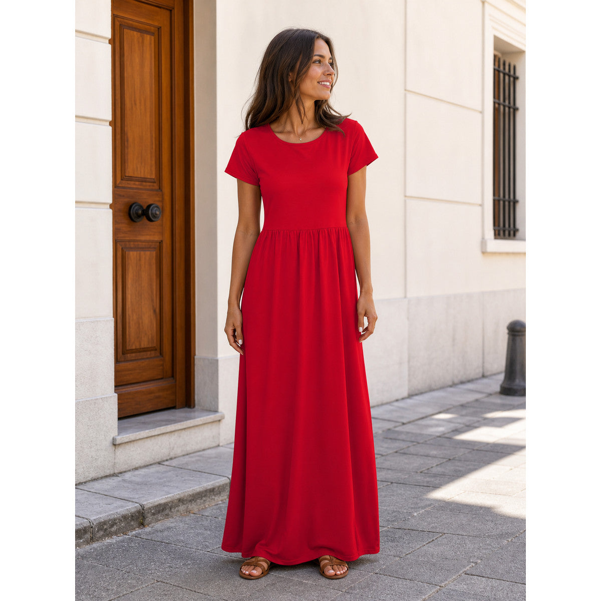 Red Women's Maxi Dress with Short Sleeves and Shirring