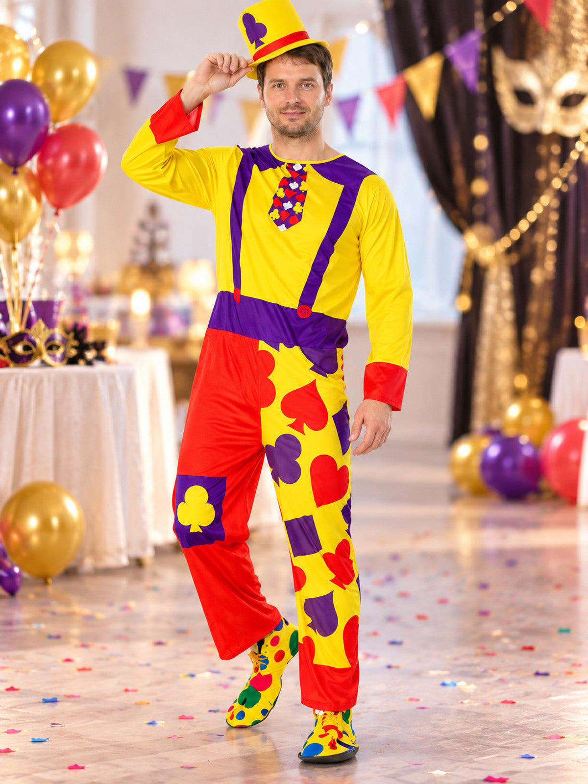 Clown Costume with Bright Pants and Yellow Hat