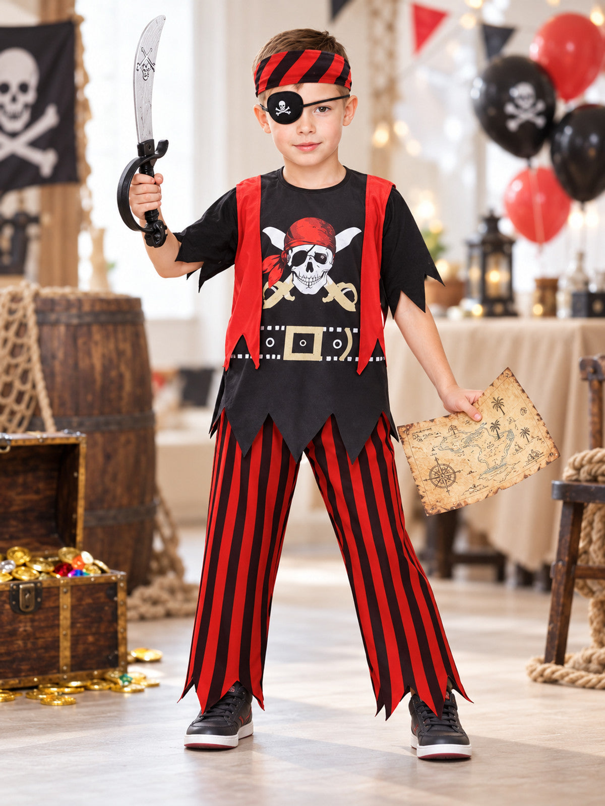 Kids' Pirate Costume for Cosplay, Red and Black