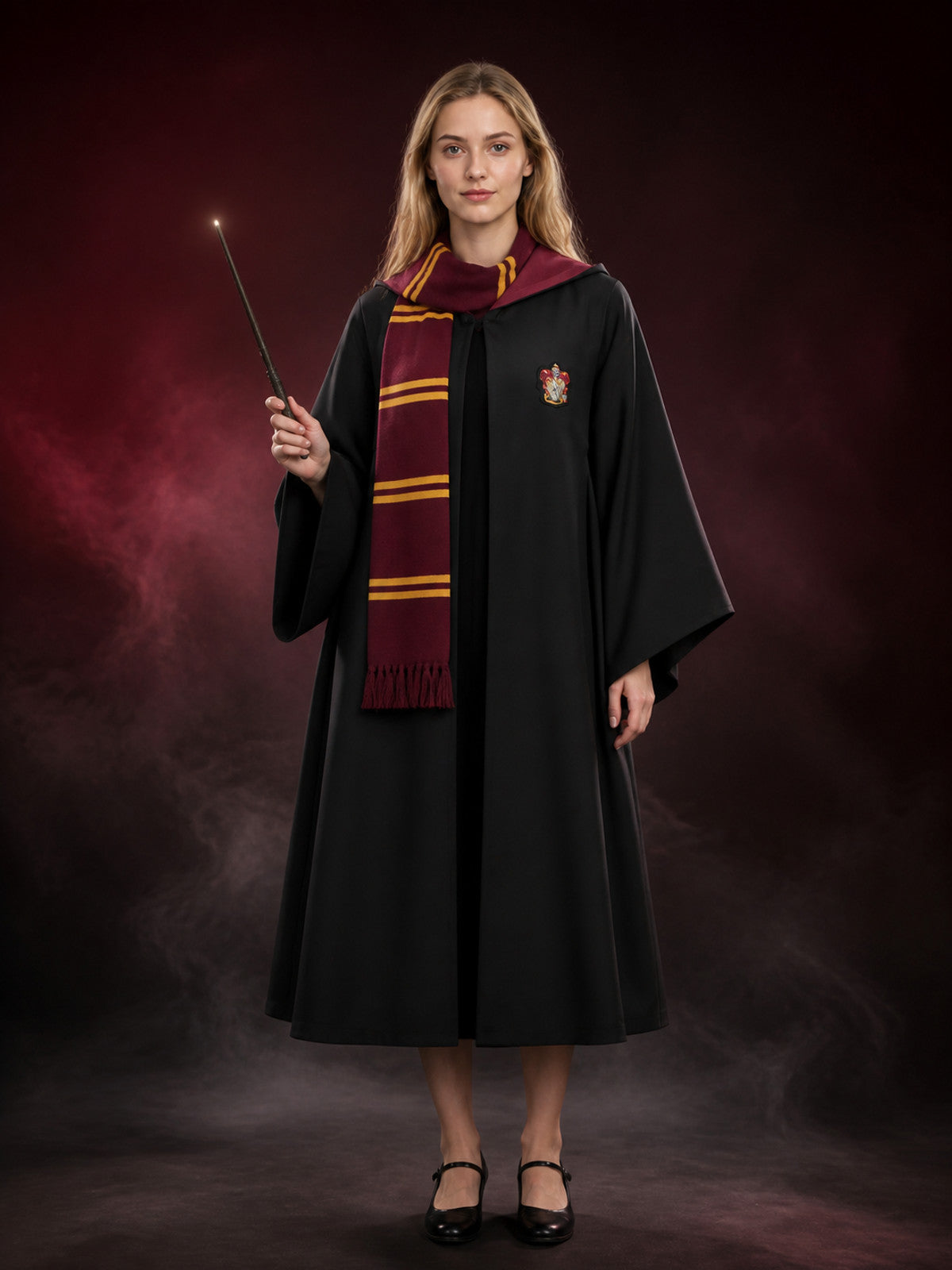 Kids Gryffindor Wizard Costume Set, Hooded Robe With Scarf, Red And Gold Trim main product view