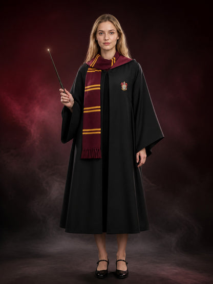 Kids Gryffindor Wizard Costume Set, Hooded Robe With Scarf, Red And Gold Trim main product view