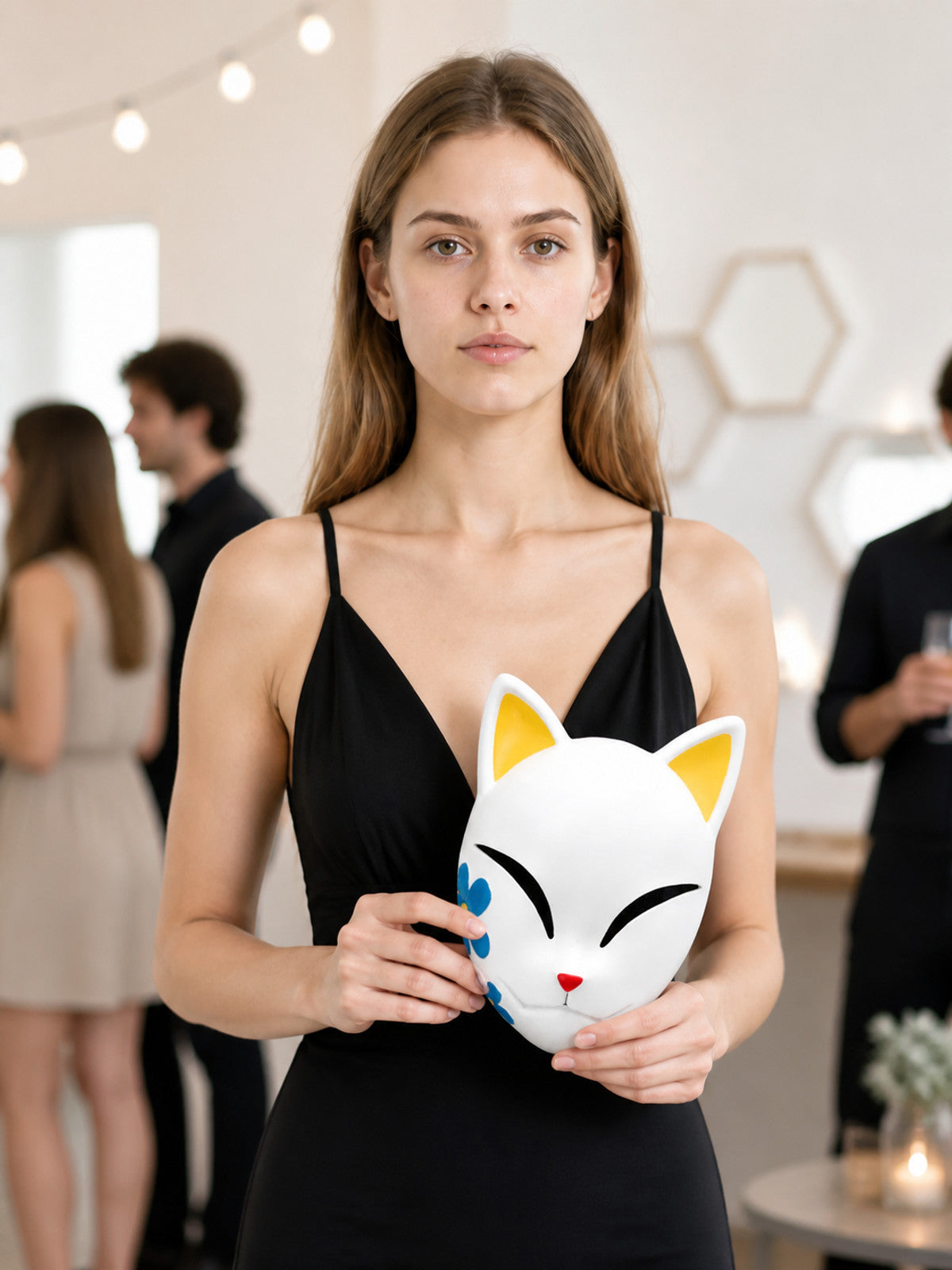 White Cat Masquerade Mask with Red Nose lifestyle view