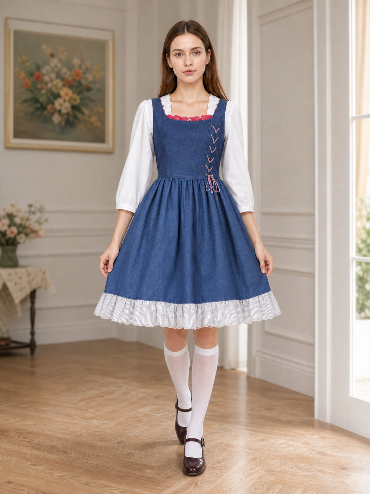 Vintage-Style Costume Dress with Blue Headscarf