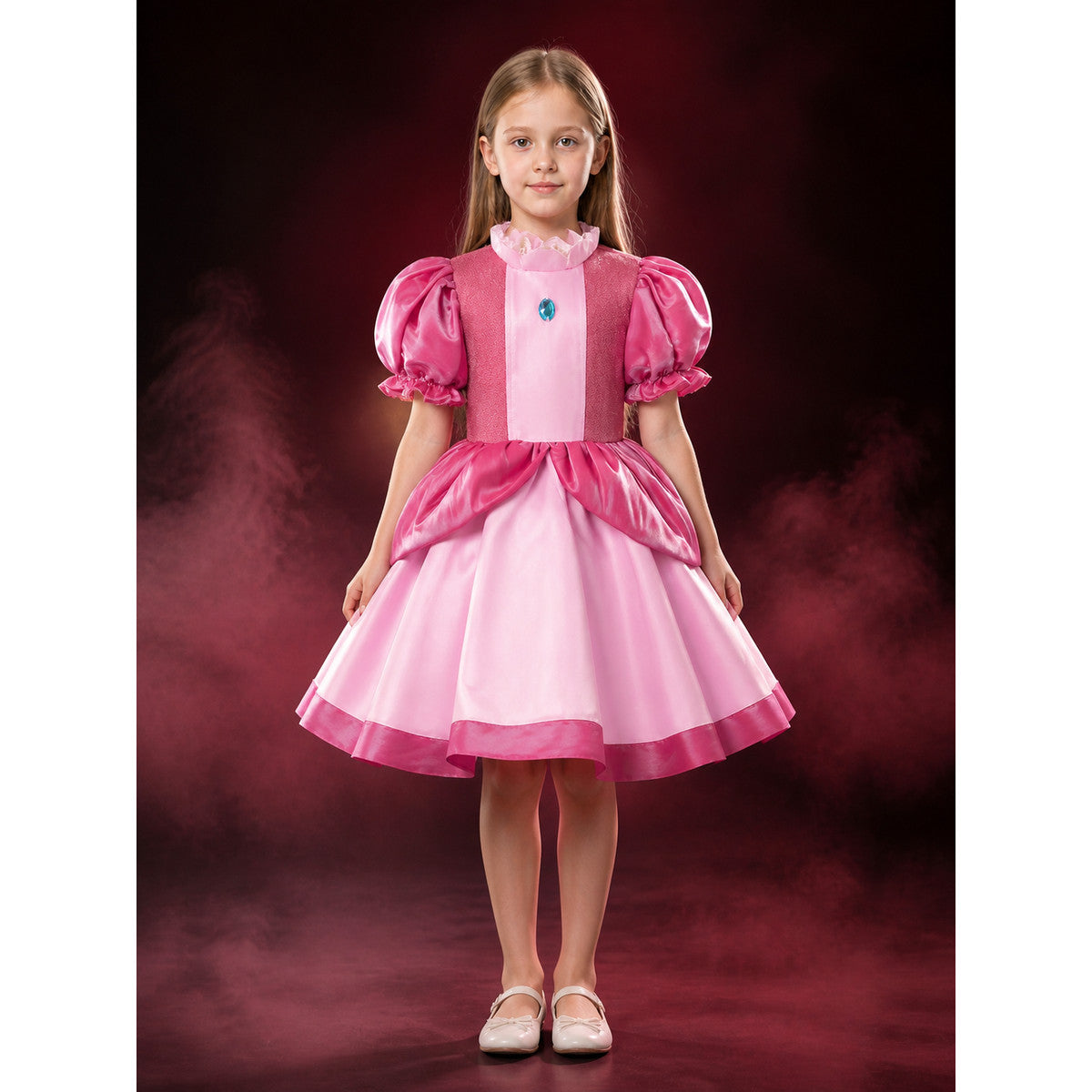 Girls Peach Princess Costume Dress, Puffy Sleeves Ball Gown Halloween Cosplay main product view