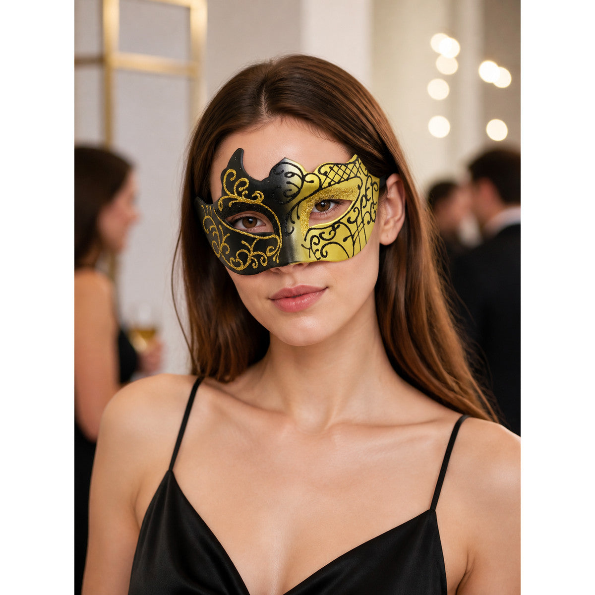 Black and Gold Carnival Mask for Halloween and Cosplay lifestyle view